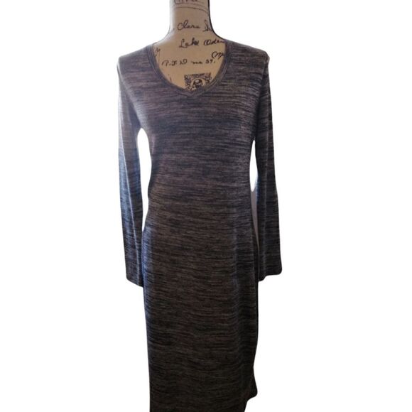 PHILOSOPHY BLACK & WHITE MARLED V-NECK LONG SLEEVE MAXI DRESS LARGE - Picture 1 of 6